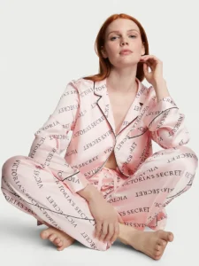 Атласна піжама зі штанами Satin Long PJ Set (розмір S, рожева з принтом), Victoria's Secret