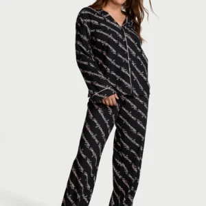 Піжама Flannel Long PJ Set зі штанами, чорна з розовим принтом, XS, Victoria's Secret