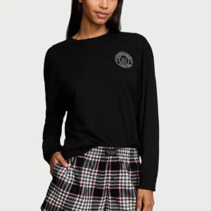 Бавовняна піжама із шортами Short Tee-Jama Set, BLACK/PINK XIA PLAID, S, Victoria's Secret